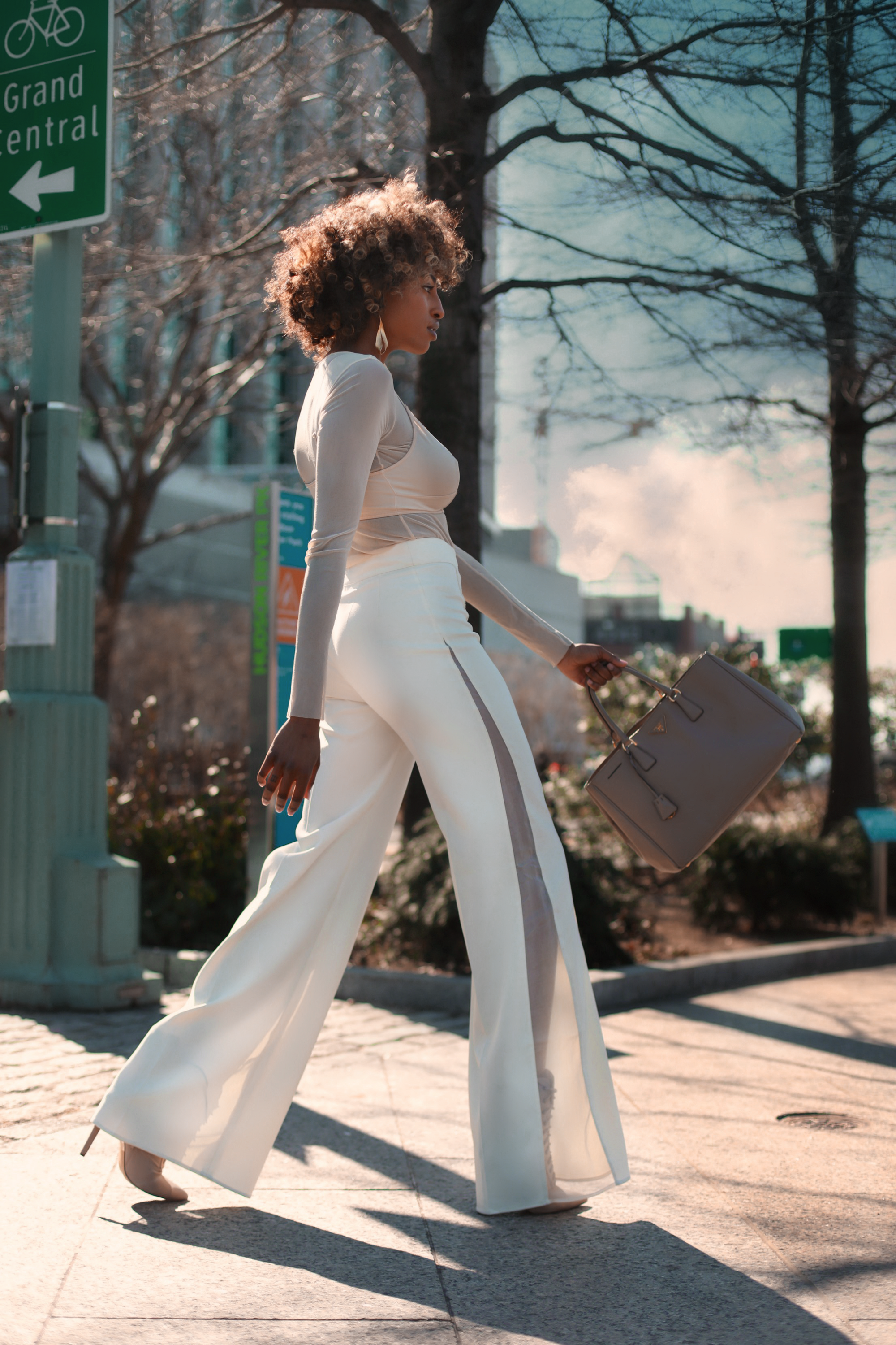 White wide-leg pants with sheer white organza sides. From The Sixes.