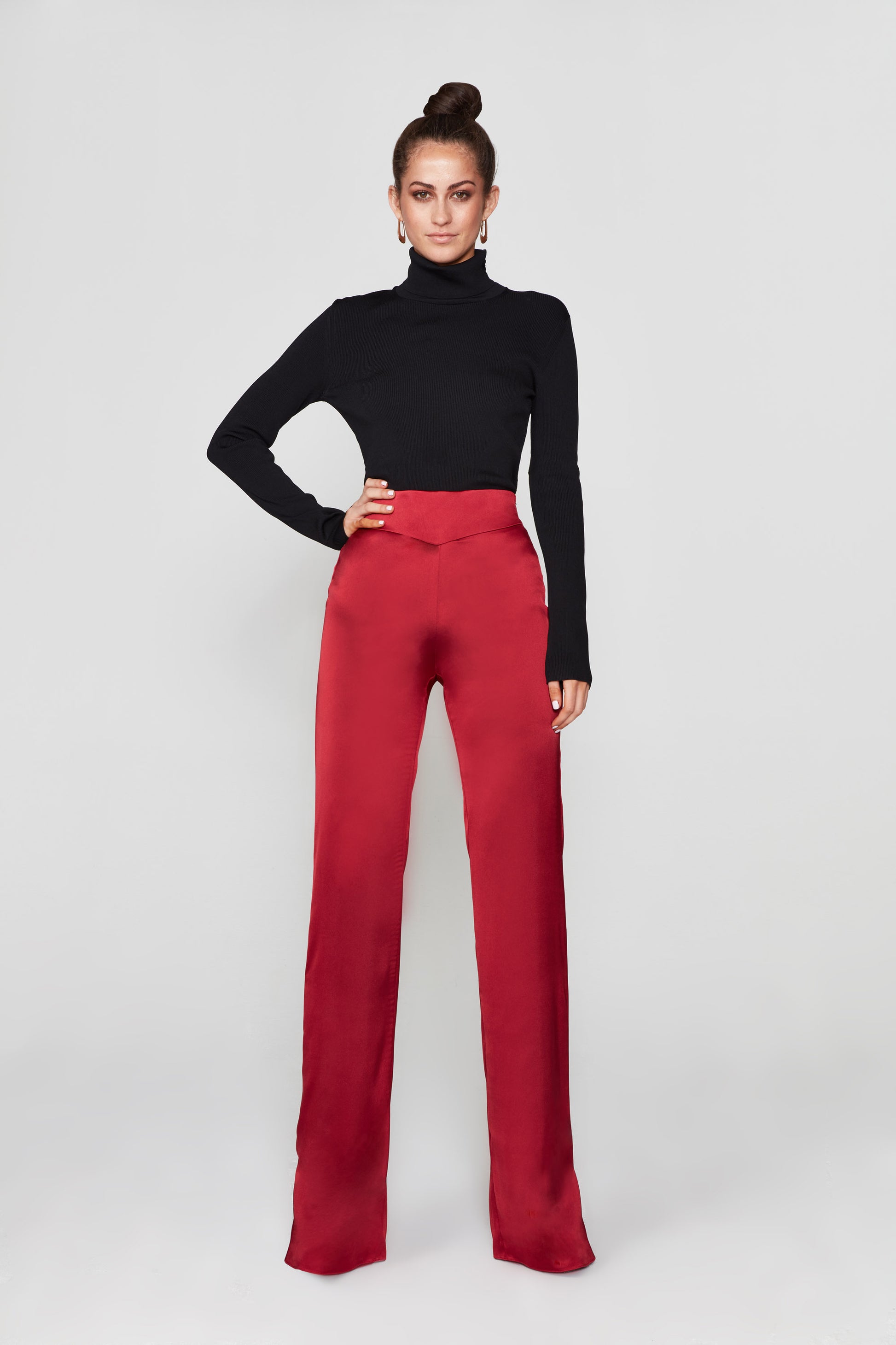 Red satin wide-leg pants. From The Sixes.